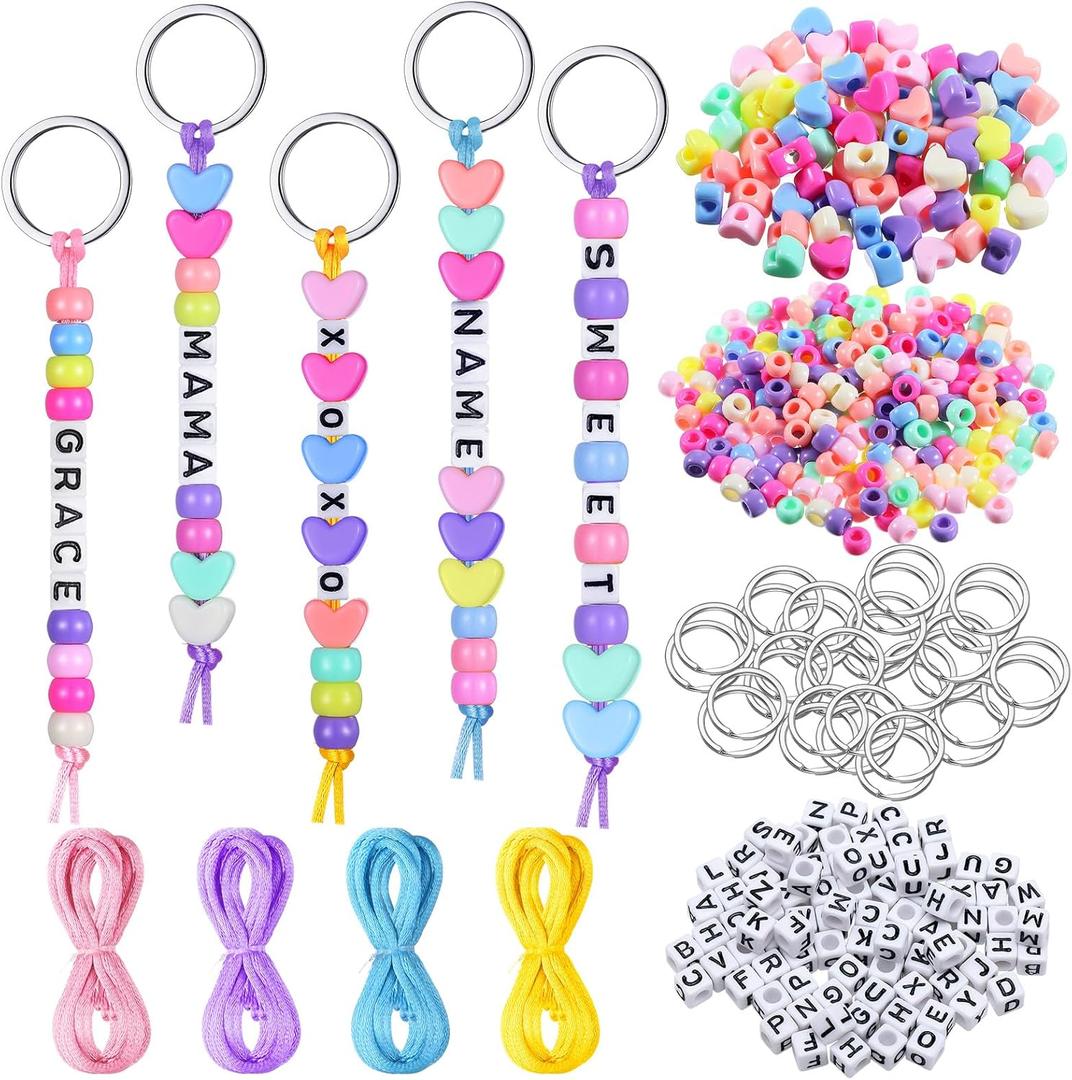 Landical 564 Pcs DIY Bead Keychain Kit Key Chain Making Craft Adjustable Letter Beads String Mama Sport Gift Alphabet Jewelry Accessories Holiday Party Favor for Adult(Heart, Dream Color)