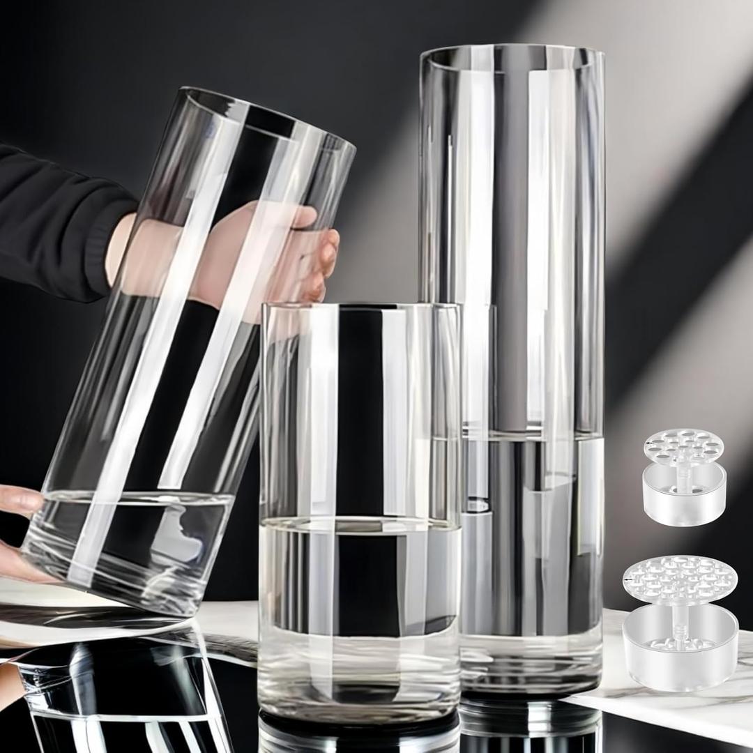 3 Large Acrylic Clear Cylinder Vase Set with 2 Spiral Ikebana Stem Holder Ring, Unbreakable Tall Plastic Hurricane Vases for Wedding Centerpieces Flower Bouquet Decor (3 Vases + 2 Holder) (Diameter 3.95 in * H 11.85 in)