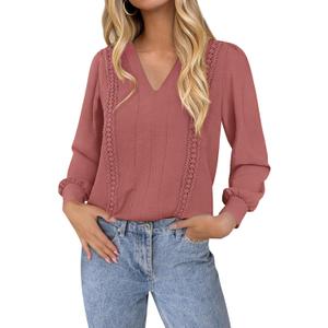 dowerme Womens Tops 2026 Spring V Neck T-Shirts Long Sleeve Shirts Lace Crochet Work Blouses Dressy Casual Loose Tunics (M)