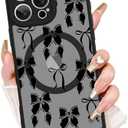 AIGOMARA for iPhone 16 Pro Case, Compatible with MagSafe, Cute Bowknot Pattern with Semi-Transparent Frosted Phone Case for Woman Gilrs Soft TPU and PC Back Protective Slim Phone Cover Black