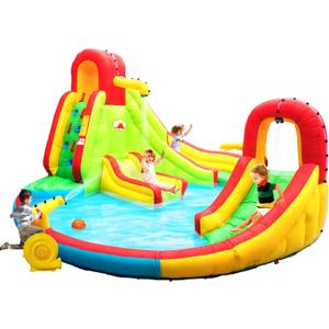 WELLFUNTIME Inflatable Water Park with Blower, Bouncy Castle & Jumping Castle 2 Slides, Climbing Wall, Water Gun, Lounge and Basketball Hoop, 165 x 165 x 90.5 Inch