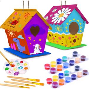 hapray 2 Pack Bird House Kit, DIY Birdhouse Kits, Wooden Crafts Arts for Children to Build and Paint (Includes Paints & Brushes) for Kids Girls Boys Toddlers Halloween Gifts