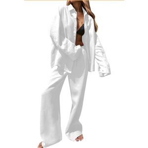 Women Spring Linen Long Sleeve Two Piece Sets Casual Button Down Shirts Loose Wide Leg Pant Loungewear Outfits M