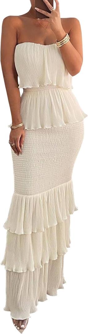 SEMATOMALA Women's Boho Tube Top Tiered Ruffle Slim Fitted Maxi Dress Smocked Vacation Holiday Long Dress XL White