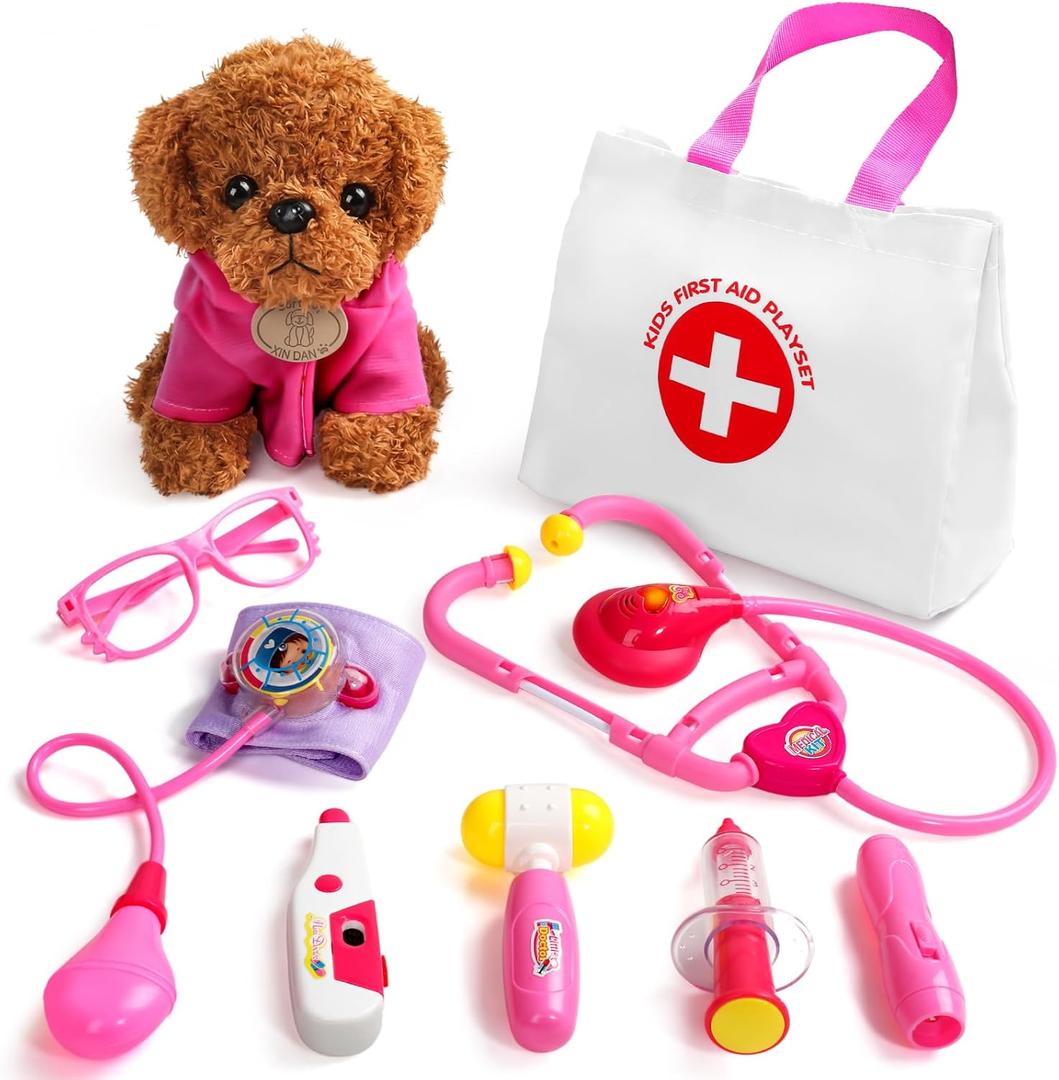 Fajiabao Doctor Kit for Toddlers 3-5 Girl Toys Birthday Gift for 2 3 4 Year Old Girls Kids Doctors Play Set with Plush Dog, Toy Stethoscope & Medical Bag for Veterinarian Pretend Play (Pink)