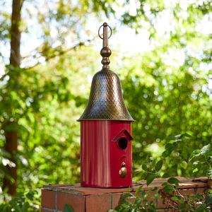 Glitzhome 24" H Metal Hanging Birdhouse for Outdoors, Farmhouse Pagoda Painted Decorative Bird House with Bell Roof for Bluebird Wren Chickadee Sparrow Bird Nest Box for Garden Patio, Retro Red (Retro Red Bell Roof)
