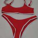 SherryDC Women's Sexy Scoop Neck Bikini Sets Color Block High Cut Thong Brazilian Two Pieces Swimsuit Bathing Suit, Red, L