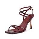 wetkiss Burgundy Strappy Heels for WomenStiletto High Heeled Sandals Adjustable Ankle Strap, Square Open Toe for Homecoming Party Dress Wedding Daily, Burgundy, Size 6.5