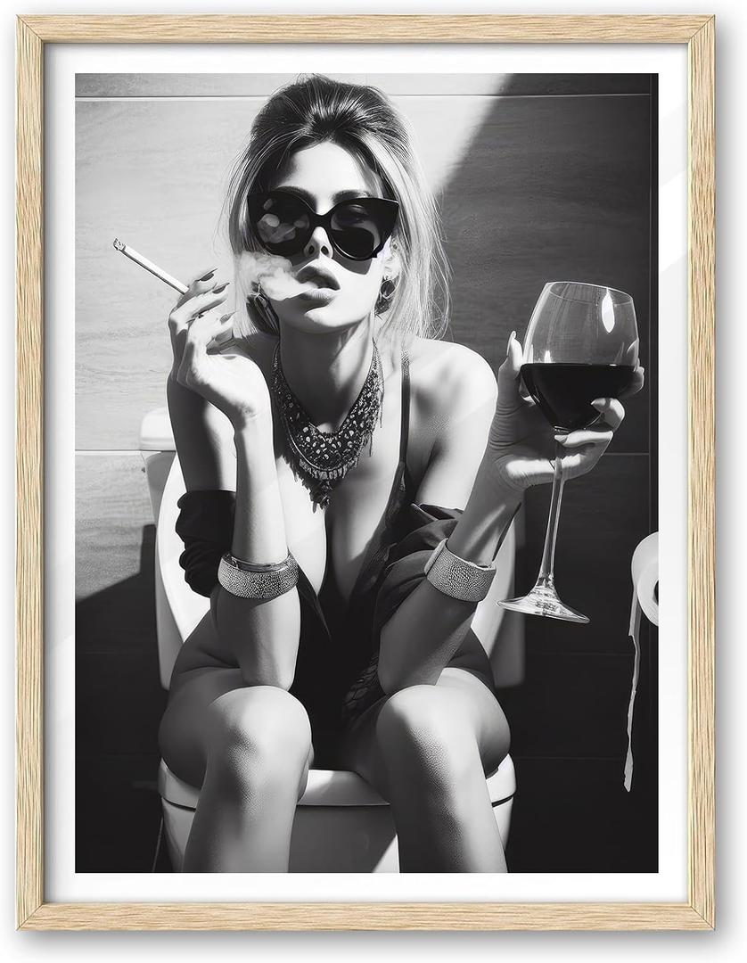 iHery Natural OAK Wood Framed Girl On Toilet Wall Art, 12x16in Canvas Woman On Toilet Smoking and Drinking Wine, Black and White Print, Funny Bathroom Art, Retro Wall Decor Set of 1