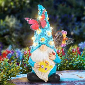 Foreby Garden Gnome Statues Outdoor Decor Solar Gnomes with Butterfly on LED Lighted Flowers, Resin Blue Gnomes Sculpture for Patio Yard Lawn Ornament Decoration