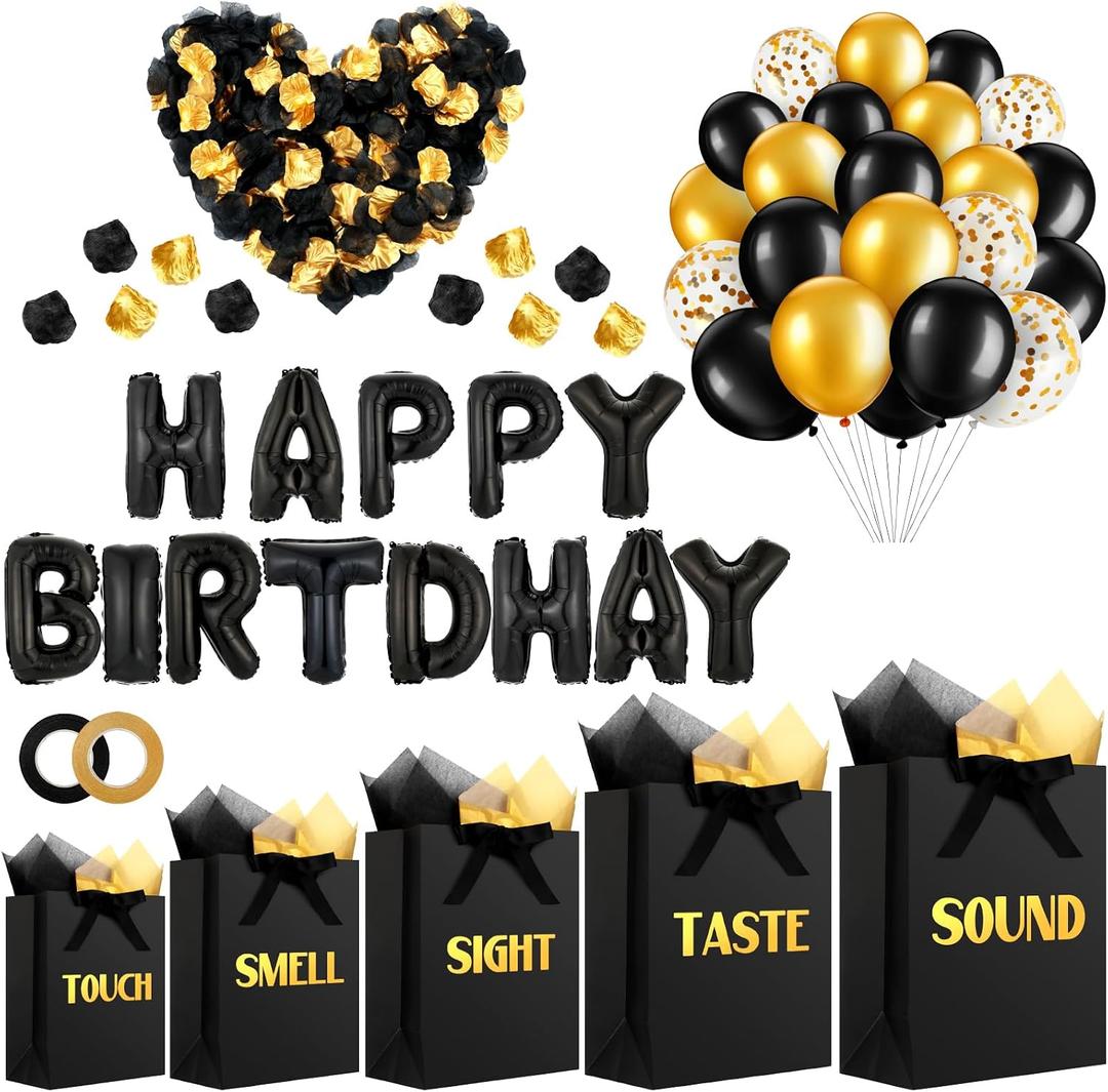 Ctosree 5 Senses Gift Bags for Her Him Black and Gold Birthday Decorations Kit Includes Five Senses Gift Bags, Happy Birthday Balloons, Tissue Paper and Petals for Anniversary Wedding Party Favors