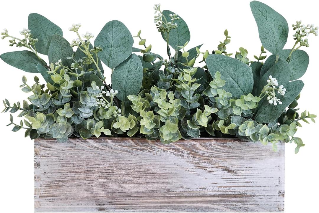 Winlyn Farmhouse Eucalyptus Arrangement in Rustic Rectangular Wooden Planter Artificial Eucalyptus Stems Greenery Centerpiece for Home Living Room Kitchen Counter Mantel Table Centerpiece Dcor