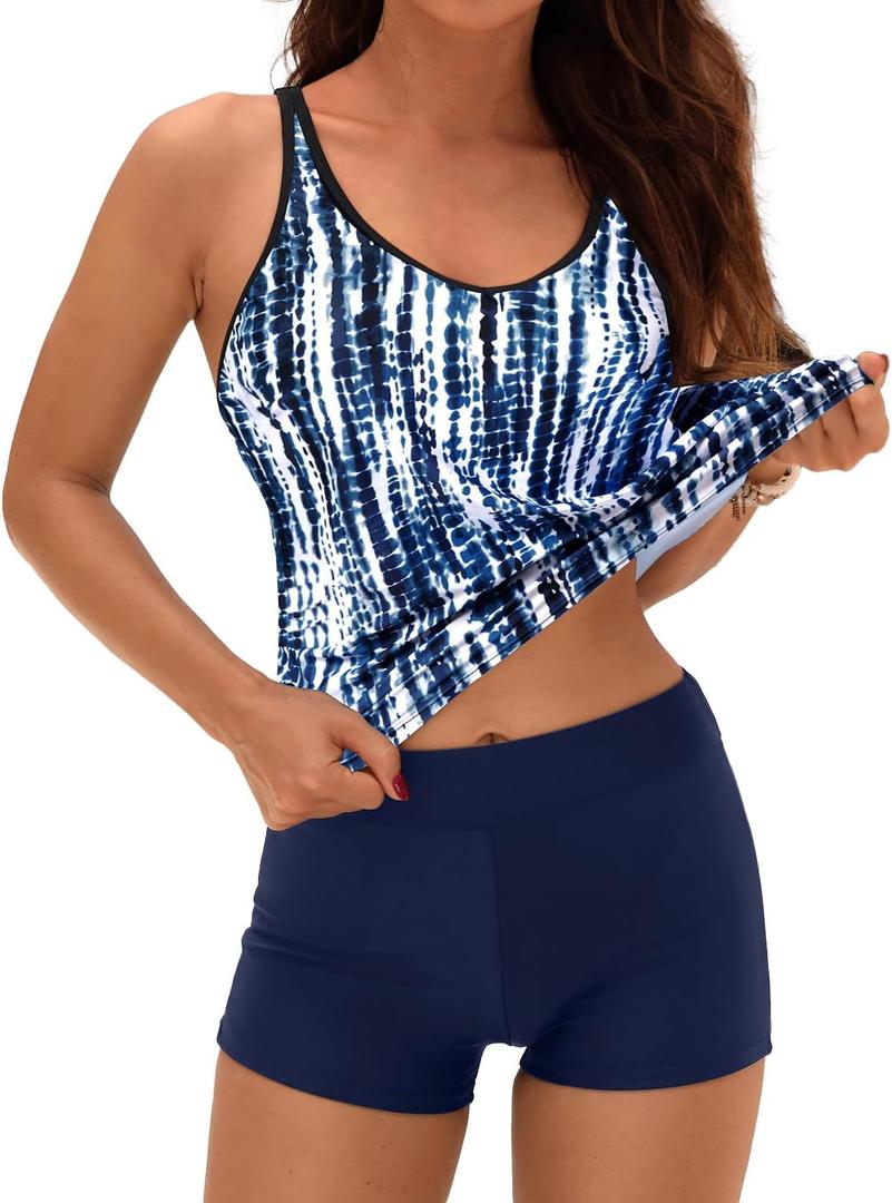 Yonique 2 Piece Tankini Swimsuits for Women with Boy Shorts Athletic Swim Tank Top Bathing Suits (Large, Blue Tie Dye)