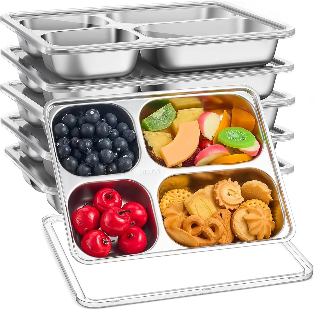 6 Pcs Stainless Steel Snack Containers with Lids 4 Compartment Bento Lunch Box 11.02 x 8.66 x 1.65 Inches Divided Meal Food Fruit Storage Prep Containers for Home Travel