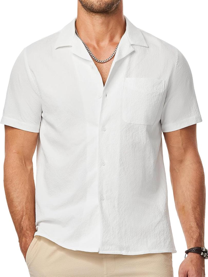 JMIERR Men's Seersucker Shirts Short Sleeve Casual Shirts Button Down Shirt Beach Summer Vacation Wedding Shirt (3X-Large, White)