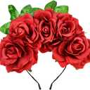June Bloomy Day of the Dead Headpiece Halloween Costume Headpiece Mexican Floral Crown Rose Headband (Leaf Red)