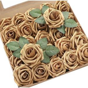 Floroom Artificial Flowers 25pcs Real Looking Antique Gold Foam Fake Roses with Stems for DIY Wedding Bouquets Bridal Shower Centerpieces Floral Arrangements Party Tables Home Decorations