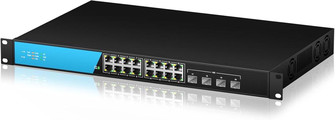 16 Port 2.5G Network Ethernet Switch, 16 x 2.5Gb RJ45 Ports, 4 x 10G SFP Slots, 240Gbps Switching Capacity, Desktop or Rack Mount/Metal Case/Fan Cooling/Plug and Play Unmanaged