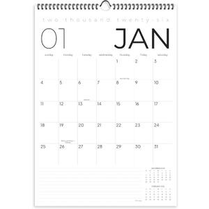 Wall Calendar 2026, 12 Months, 17" x 12" Large Wall Calendar with Hanger, Thick Paper and Spiral Binding. Classic Black & White, Professional Business Design.