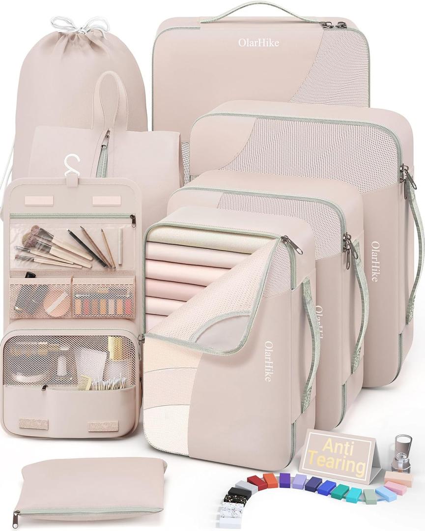 10 Set/8 Set Packing Cubes for Travel, Gifts for Women Mom,Anti-Tearing Suitcase Organizer for Luggage with Shoe & Hanging Toiletry Bag,OlarHike Vacation Essentials & Accessories for Cruise Ship,Cream