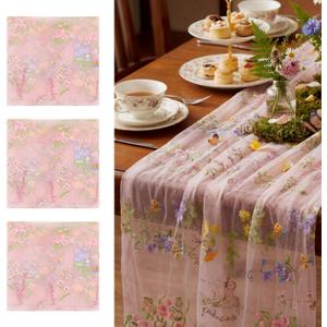 Pink Floral Table Runner 10ft Embroidery Tulle Spring Wildflower Table Runner Seasonal Summer Butterfly Kitchen Dining Gauze Decoration for Wedding Baby Shower Birthday Party (3 Pcs)