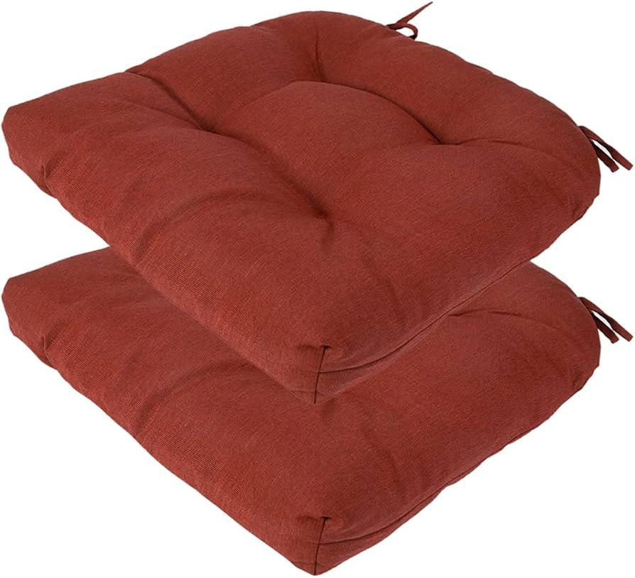 Outdoor Chair Cushions Set of 2,19 x19 Inch,Water Resistant Tufted Patio Seat Cushions with Ties,Reversible,All Weather,Round Corner Wicker Chair Cushion for Outdoor Furniture(Dark Red)