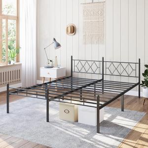 14 Inch California King Size Bed Frame No Box Spring Needed,Metal Platform with Headboard and Footboard,Heavy Duty Slats Support Easy Assemble Noise Free(Black and Rhombus)