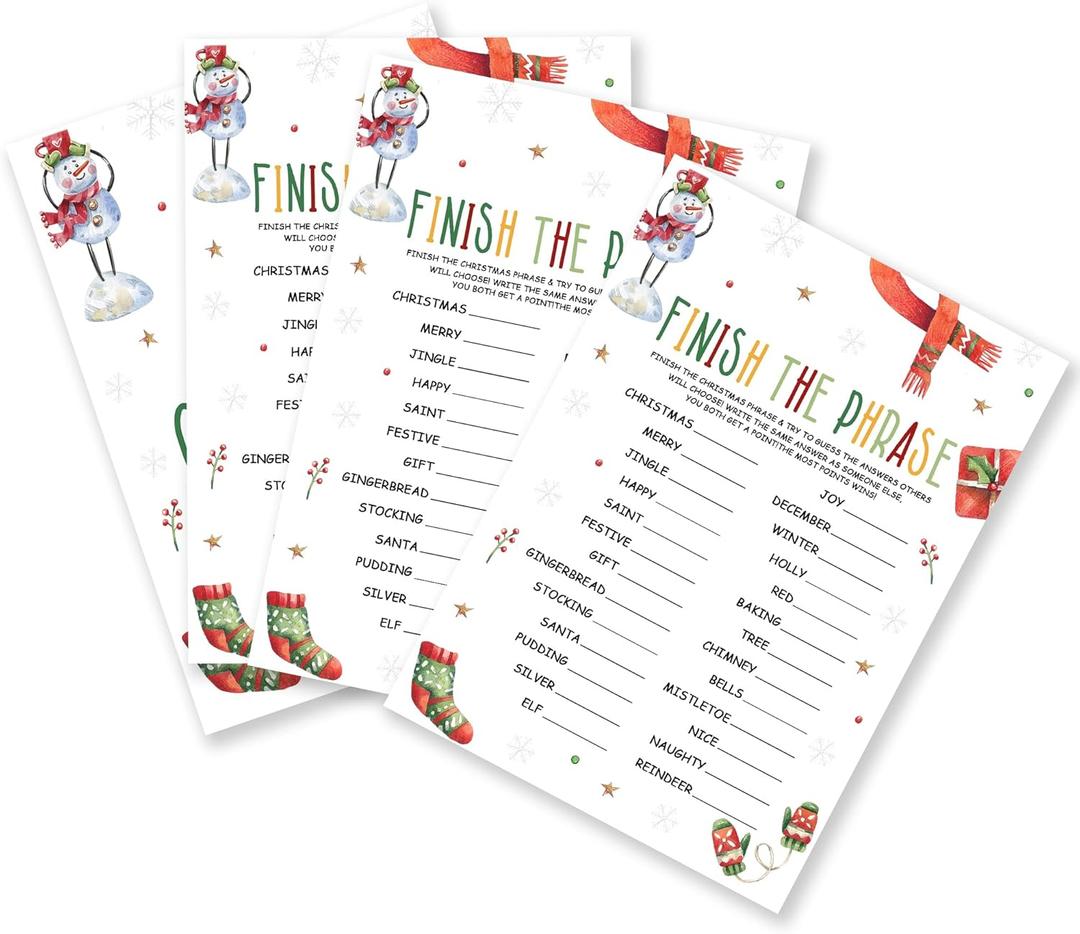 Finish The Phrase Christmas Party Game Card Set - 20 Christmas Game Cards Funny Holiday Activity for Family Adults Teens - Xmas Party Decoration & Supplies(Snowman Sock)- A04