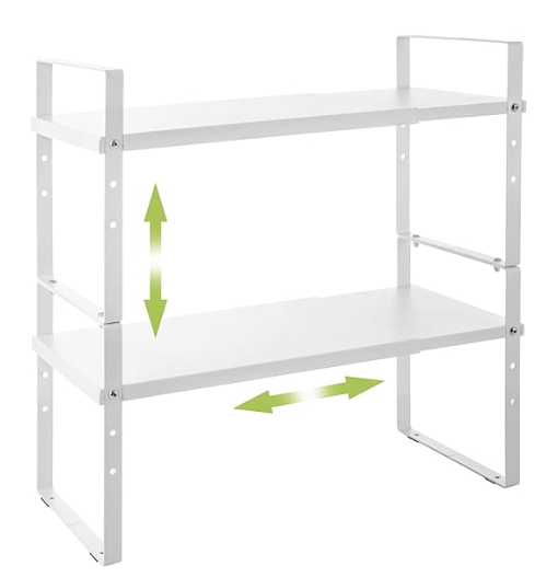 AcrossStar Expandable Cabinet Shelf Organizer Rack, Stackable Kitchen Counter Storage Shelves Stand, Adjustable Height Pantry Shelf Spice Rack (White, 2 Pack)