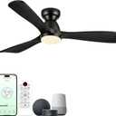 52in Smart Flush Mount Ceiling Fans with Lights,Outdoor Low Profile Wood Ceiling Fan Quiet DC Motor,Work with Alexa/Gg Voice Control/App/Remote,Dimmable,6-speed, Easy Install for Patio,Porch,Black