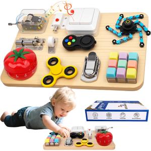 Busy Board Toy for Toddlers, 11 in 1 Wooden Montessori Educational Fidget Sensory Toy for Stress Relief, Activity Board Desk Gadget for Kids Preschool Learning, Car Airplane Travel Birthday Gift 11"