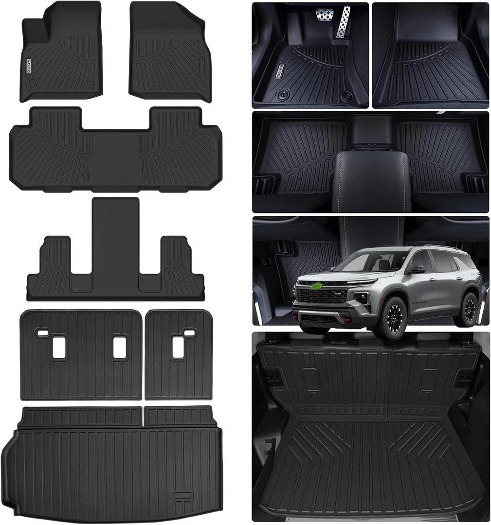 Floor Mats & Trunk Mat & Backrest Mat for 2018-2022 2023 Chevrolet Chevy Traverse 7 Seats (2 Row Bucket Seat),TPE All Weather Protection Car Floor Mats with Trunk Mat Covering The Backrest