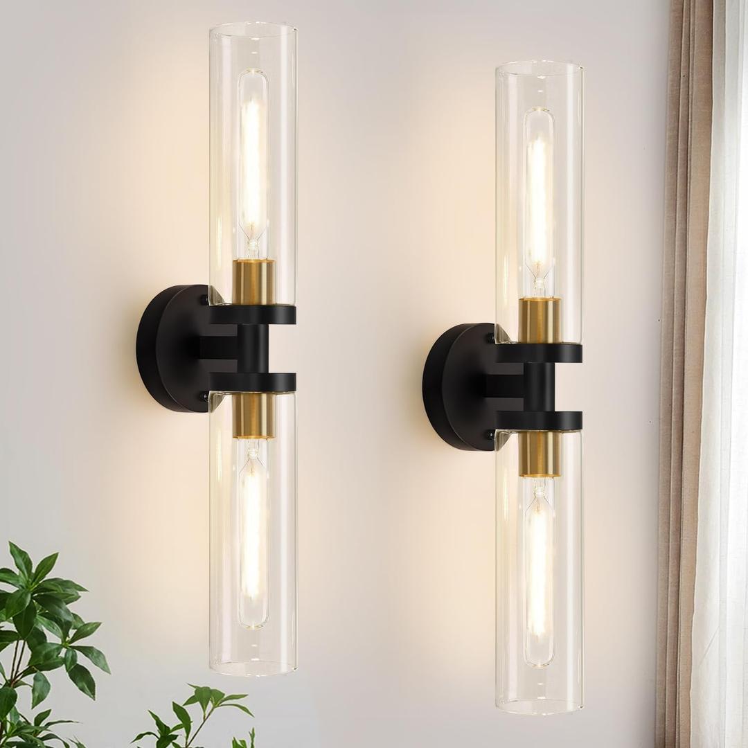Wall Sconces Set of Two, Black and Gold Bathroom Sconces Wall Lighting with Clear Glass, Modern Sconces Wall Decor Set of 2 Wall Light fixtures for Bathroom Mirror Living Room Hallway Bedroom (Black and Gold)