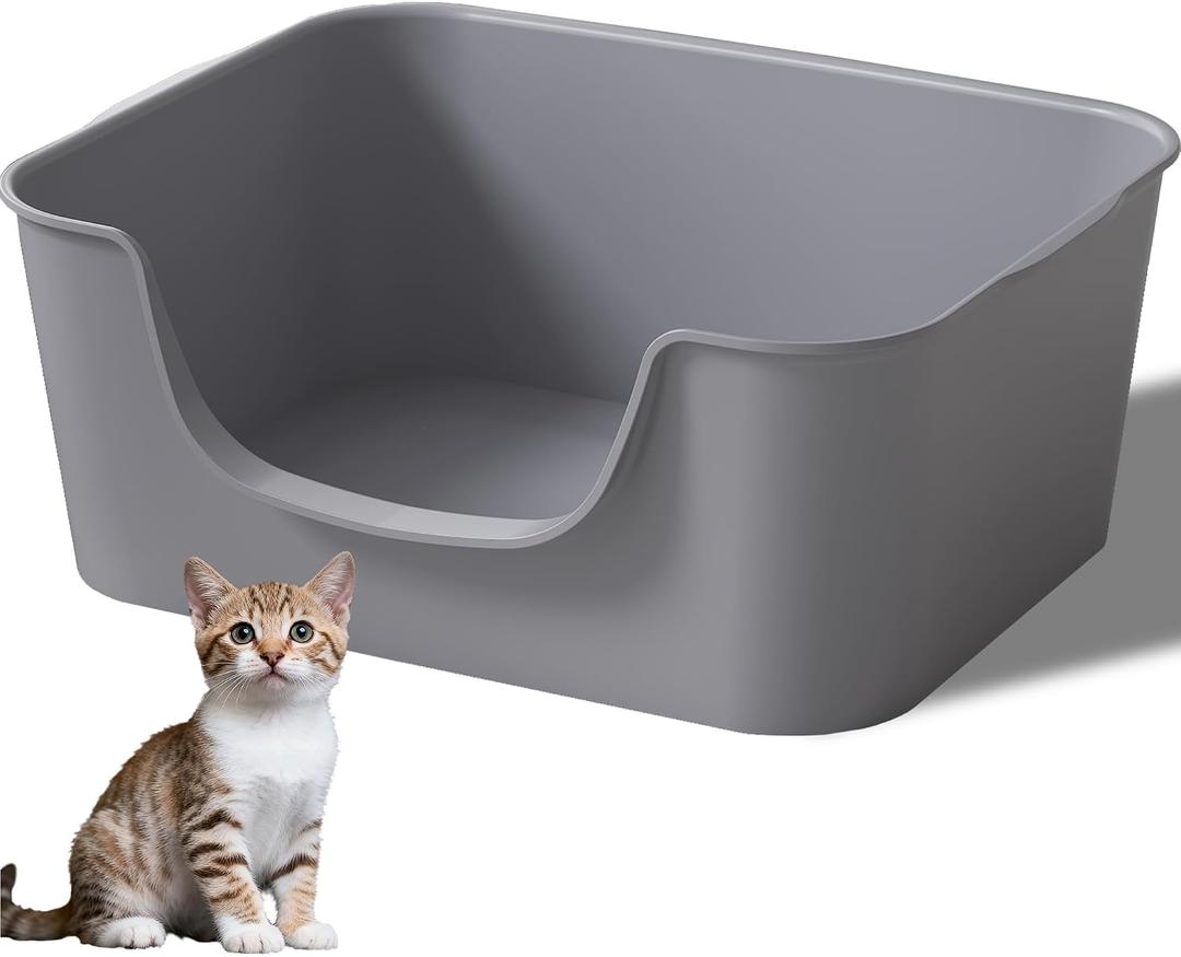 Low Entry Cat Litter Box with High Sides - Open-Top Anti-Splash, Durable Easy-Clean Pan for Kittens, Munchkin Cats, Senior Medium-Sized Cats & Small Pets (Rabbits), 19.3x13.3x7.8 Grey