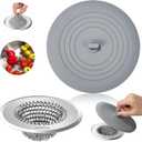 TRAPMATE Kitchen Sink Drain Strainer & Sink Stopper, Revolutionary Stainless Steel Drain Plug Combo, Anti-Clog Garbage Strainer Basket for US Standard Drains, Fits Single & Double Bowl Kitchen Sinks (Light Gray Silver)