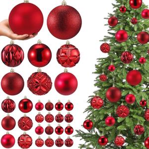 Soulchen 46 Pcs Red Christmas Balls Ornaments Set, 3.94/3.15/2.36/1.57 Inch Shatterproof Christmas Tree Hanging Plastic Balls Xmas Ornaments Decor for Xmas Tree Wreath Party Decoration Supplies