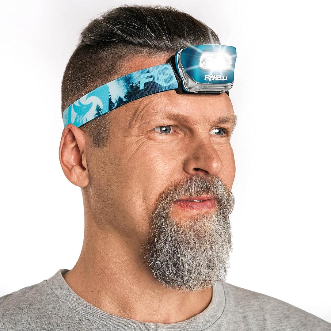 Foxelli LED Headlamp Flashlight for Adults & Kids, Running, Camping, Hiking Head Lamp with White & Red Light, Comfortable Headband, Lightweight & Waterproof, 3 AAA Batteries (Forest)