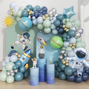 167pcs Space Balloons Arch Kit - Outer Space Party Decorations with Astronaut Rocket Blue Green Balloons for Baby Shower