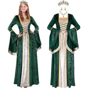 Mepase Women Renaissance Velvet Dress Medieval Costume with Rhinestone Tiaras Crowns Irish Dresses Halloween Gothic Cosplay (Medium, Green)