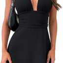 GOKATOSAU Women's Halter Deep V Neck Flowy Chiffon Bow Tie Backless Summer Mini Dress (X-Large, Black)