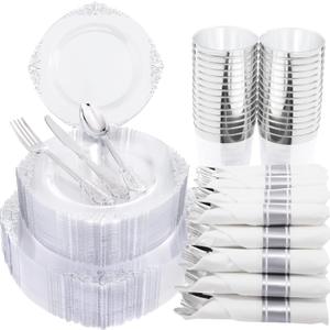 Morejoy 350PCS Clear Silver Plastic Plates - Silver Disposable Plates sets Include 50 Dinner Plates,50 Salad Plates,50 Forks,50 Knives, 50 Spoons50 Cups, 50 Rolled Napkins for Wedding & Christmas