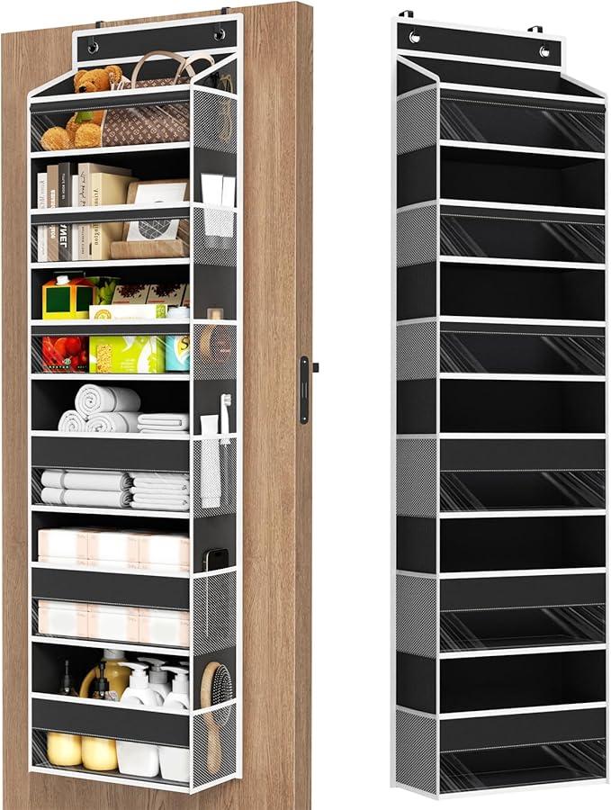 Mefirt Over The Door Organizer, 6 Shelf Door Organizer Hanging with 6 Large Capacity Pockets, Over The Door Storage Hanging Shelves for Closet Wall Bathroom Closet Bedroom Nursery