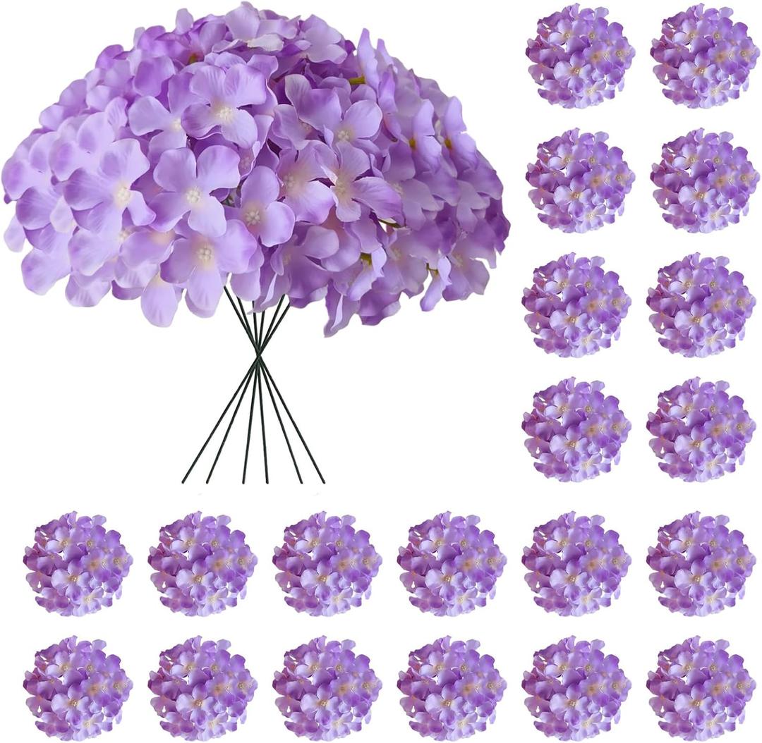 Hydrangea Artificial Flowers, 20 Pcs Purple Hydrangea Artificial Flowers Bulk, Faux Hydrangea Flowers for Outdoor, Fake Silk Hydrangea Flowers with Stems for Wedding Decoration Decor