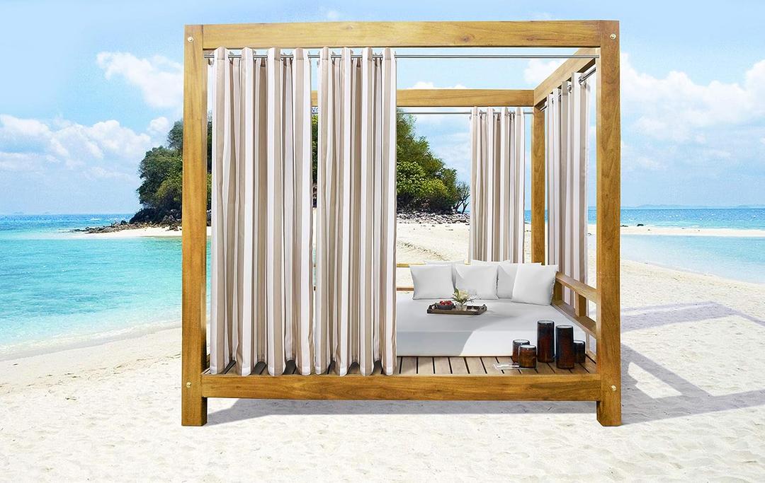 Seaside Stripe Indoor/Outdoor Grommet Curtain Panel - Pair Each 50" x 84" in Linen