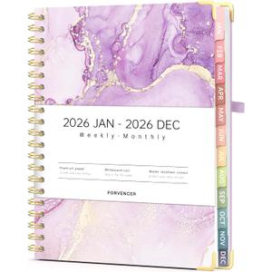 Forvencer 2026 Planner, Weekly and Monthly Calendar Planner for Women, Jan 2026 - Dec 2026, 8.5" x 11", Hardcover Planning Agenda book with Monthly Tabs, Spiral Bound, Inner Pocket, Cute Journal Organizer Notebook for Office School, A4 Size, Light Purple