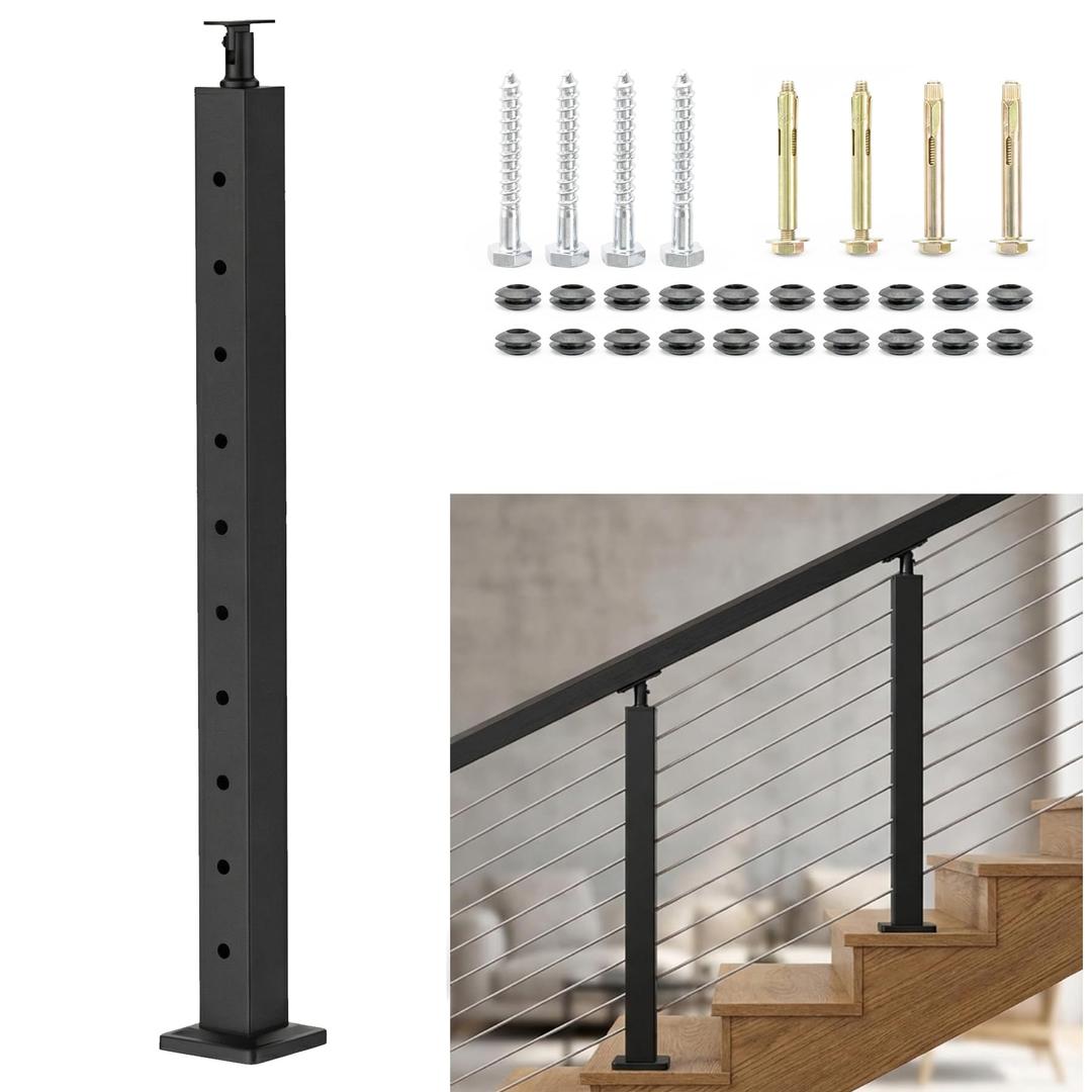 Shineforu 36" Cable Railing Stair Post Kit, Complete Cable Railing System with 2 Stair Posts, 98FT Wire Rope (No Handrail)