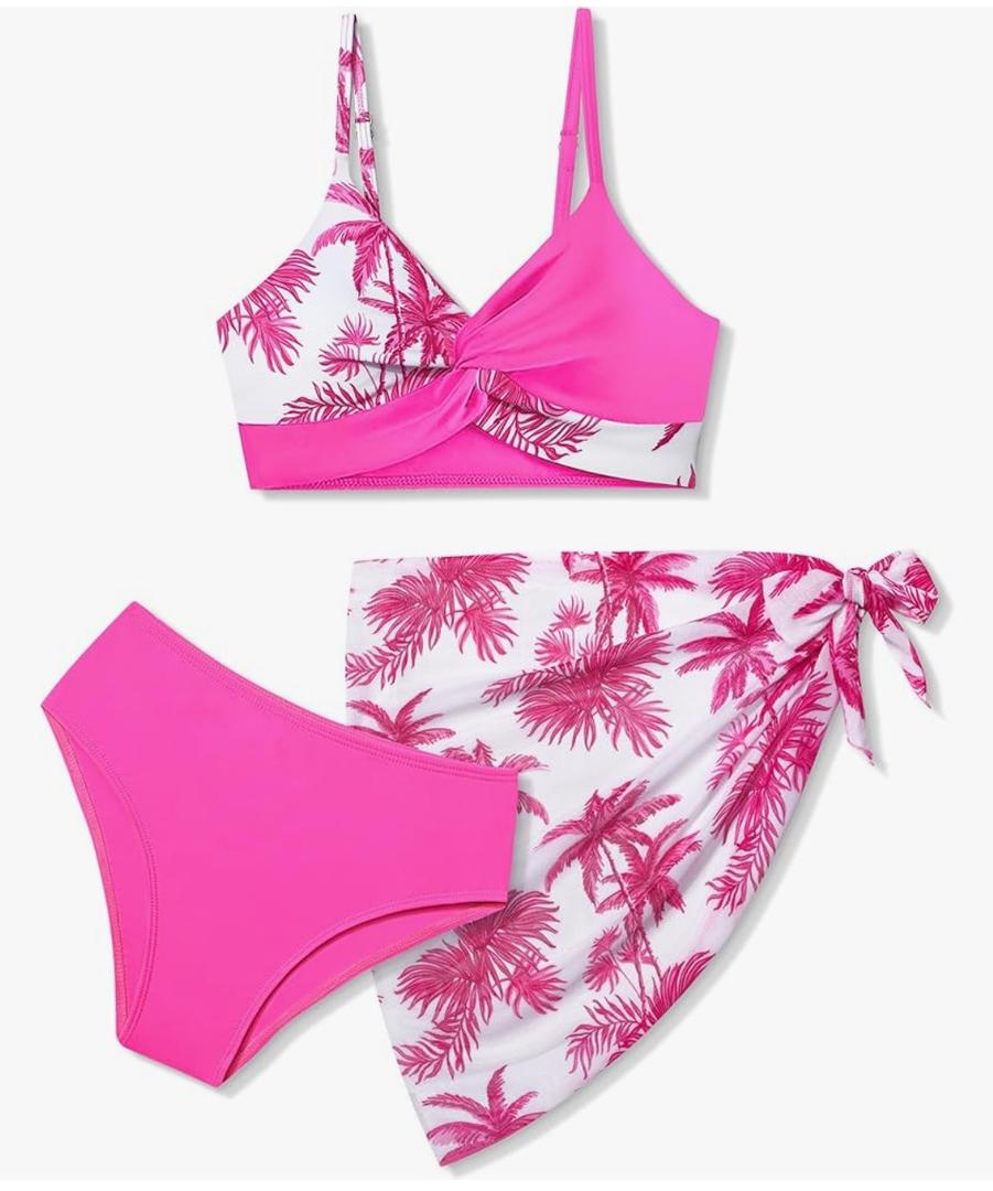 Girls Swimsuit, Bathing Suits 3 Piece Tropical Floral Twist Cross Bikini Sets Girls' Swimwear with Cover Up Skirt 15-16T Pin