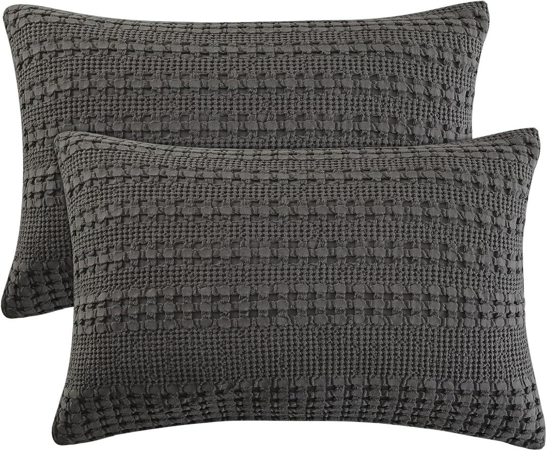 PHF 100% Cotton Waffle Pillow Shams Standard Size, 2 Pack 20" x 26" Soft Skin-Friendly Pillowcases, No Filling, Aesthetic Woven and Breathable Waffle Weave Pillow Case Covers for Bed, Charcoal Grey