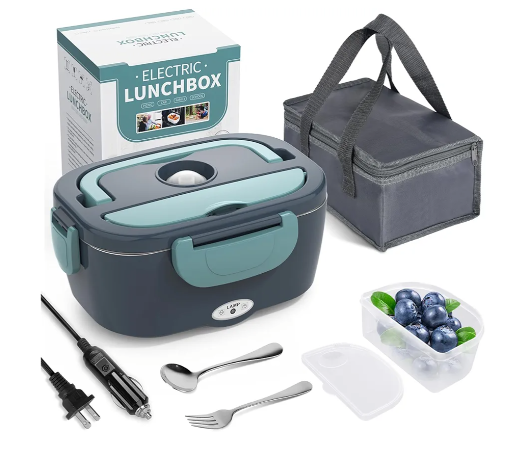 Electric Lunch Box Food Heater, 3 in 1 Ultra Quick Heated Lunch Boxes for Adults, 12V/24V/110V Portable Food Warmer for Car/Truck/Office With Fork Spoon and Insulated Carry Bag