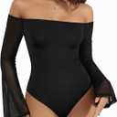 MANGOPOP Womens Off The Shoulder Bodysuit Mesh Bell Sleeve Body Suit Sexy Going out Fall Backless Tops 2025 (Black, M)